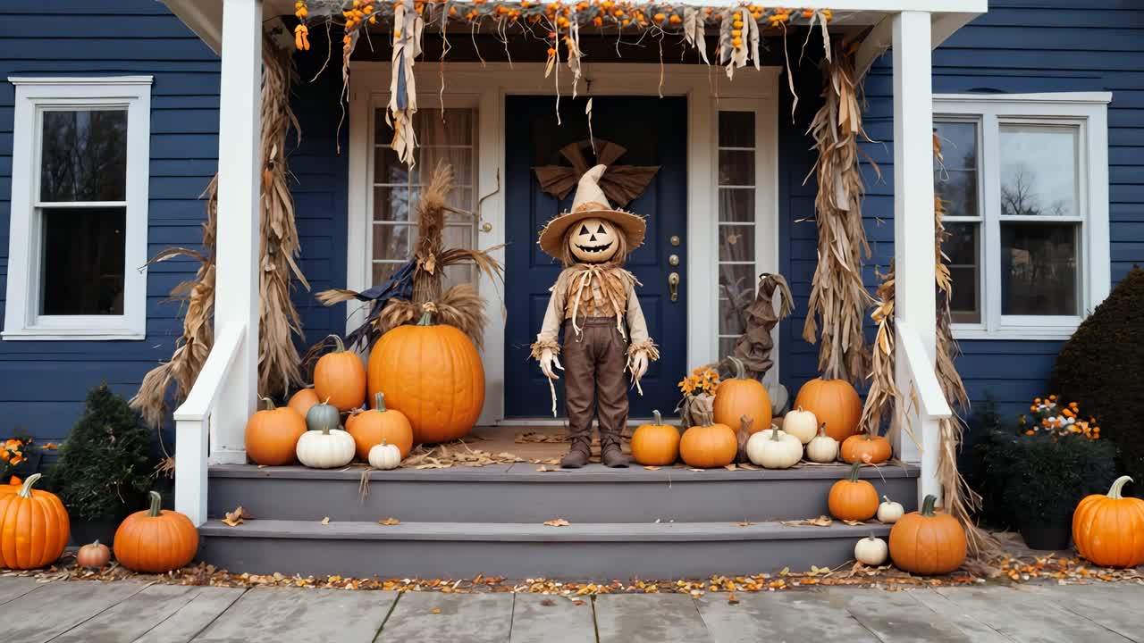 Halloween Porch Decorations with Pumpkins and Scarecrow
