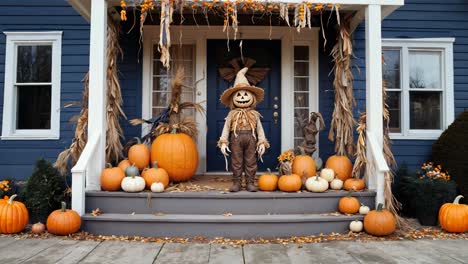 halloween porch decorations with pumpkins and scarecrow