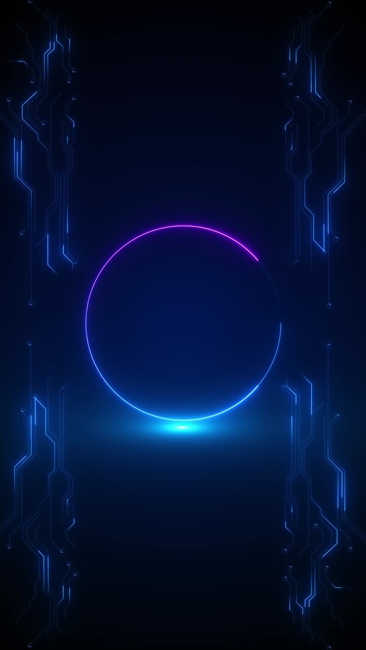 Cerchio tecnologico luminoso, elementi di linee di circuito e interfaccia futuristica per intro di software, giochi e HUD.