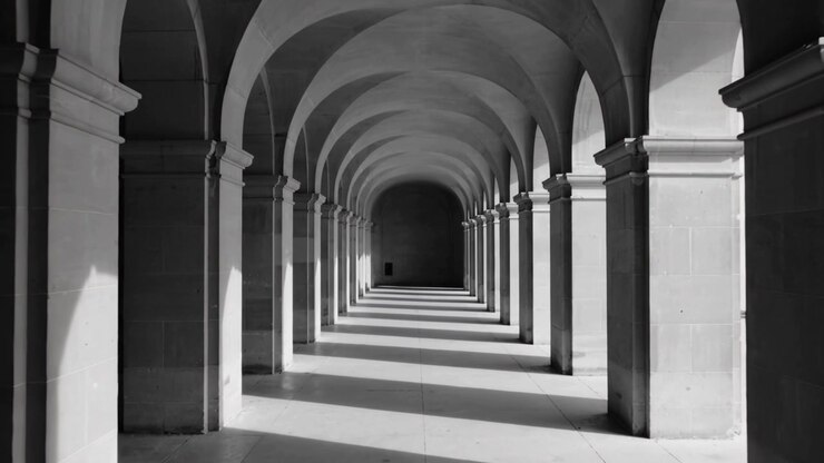 Panning camera revealing arched stone corridor at cloister, showing sun bands and distant doorway