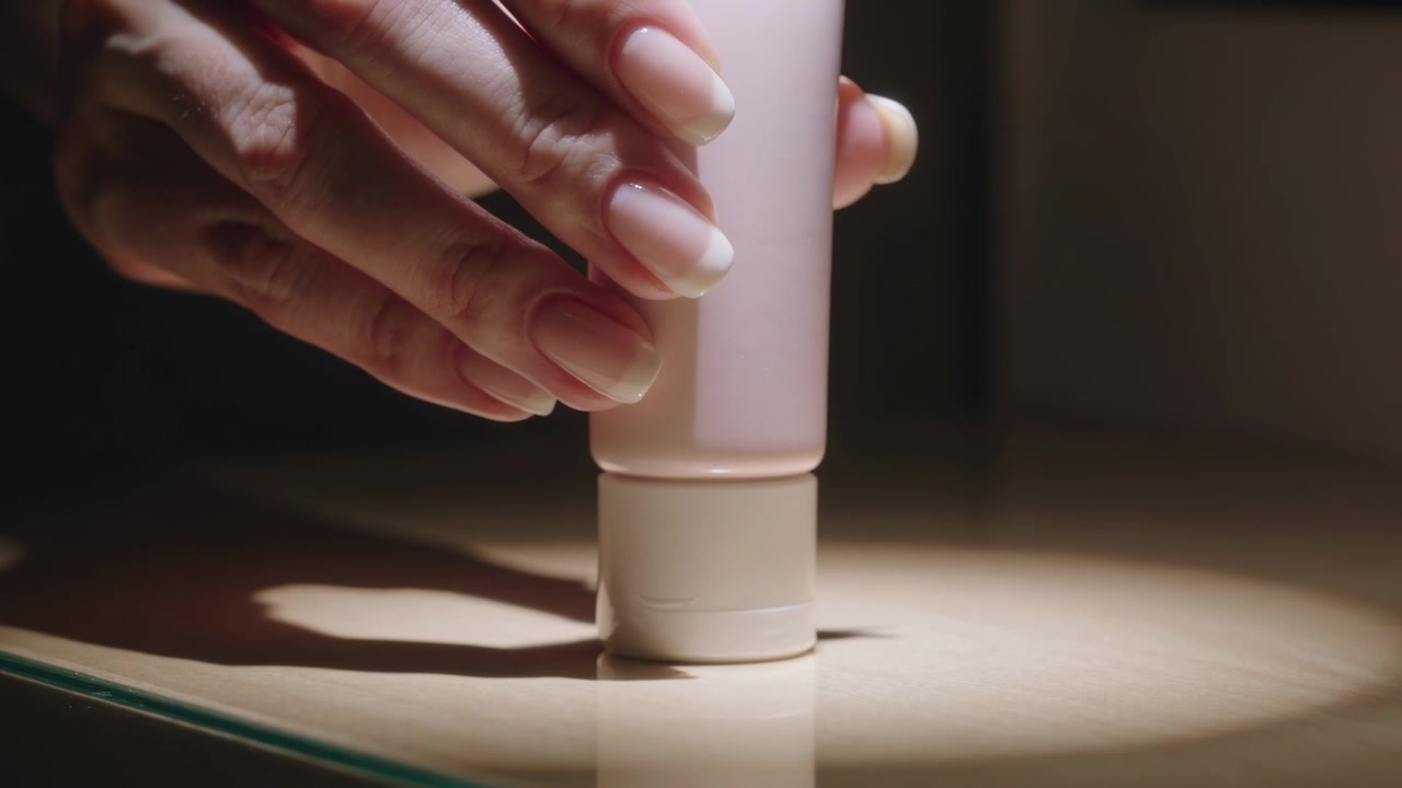 Mano che abbassa un tubetto rosa su una superficie di vetro sotto un faretto, con il tappo a scatto bianco che tocca, posizionandolo in verticale.