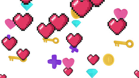 animation of social media heart icons and keys on white background