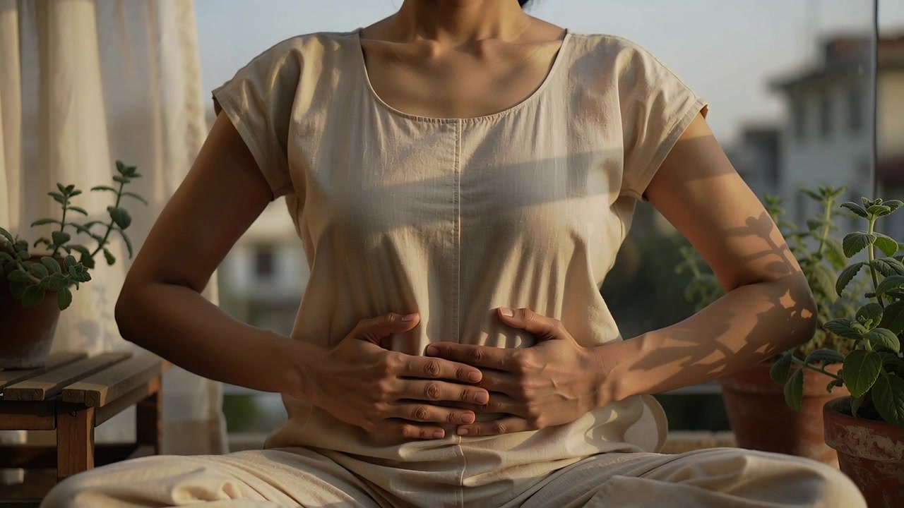 Starting woman in tan loungewear pressing hands on abdomen at balcony, breathing for calm amid pots