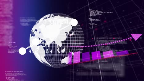 Animation-of-globe-and-financial-data-processing-on-black-background