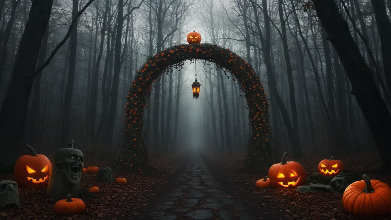 En skummel Halloween-inngang med glødende gresskar og uhyggelig skogbakgrunn, komplett med hjemsøkende dekorasjoner og mystisk atmosfære