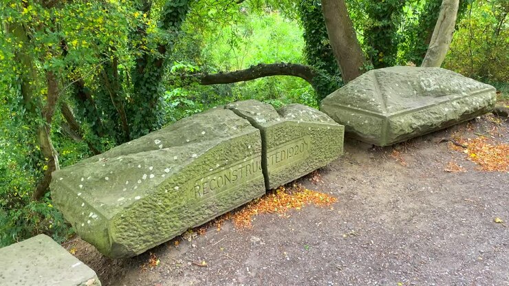 Foresta e alberi verdi con una grande roccia antica che è stata ricostruita nel 1920 a Chippenham, Inghilterra, ripresa in 4K