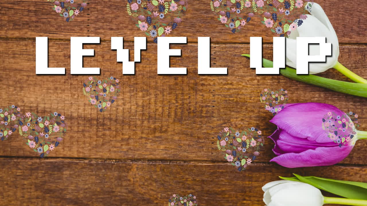 анимация уровня в цифровом абстрактном пространстве с тюльпанами и цветочными сердцами