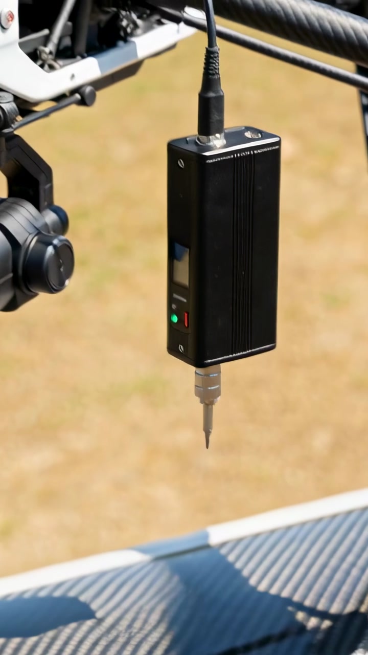 Vertical video: Lowering UAV black probe tapping carbon arm seam over grass for testing with gimbal