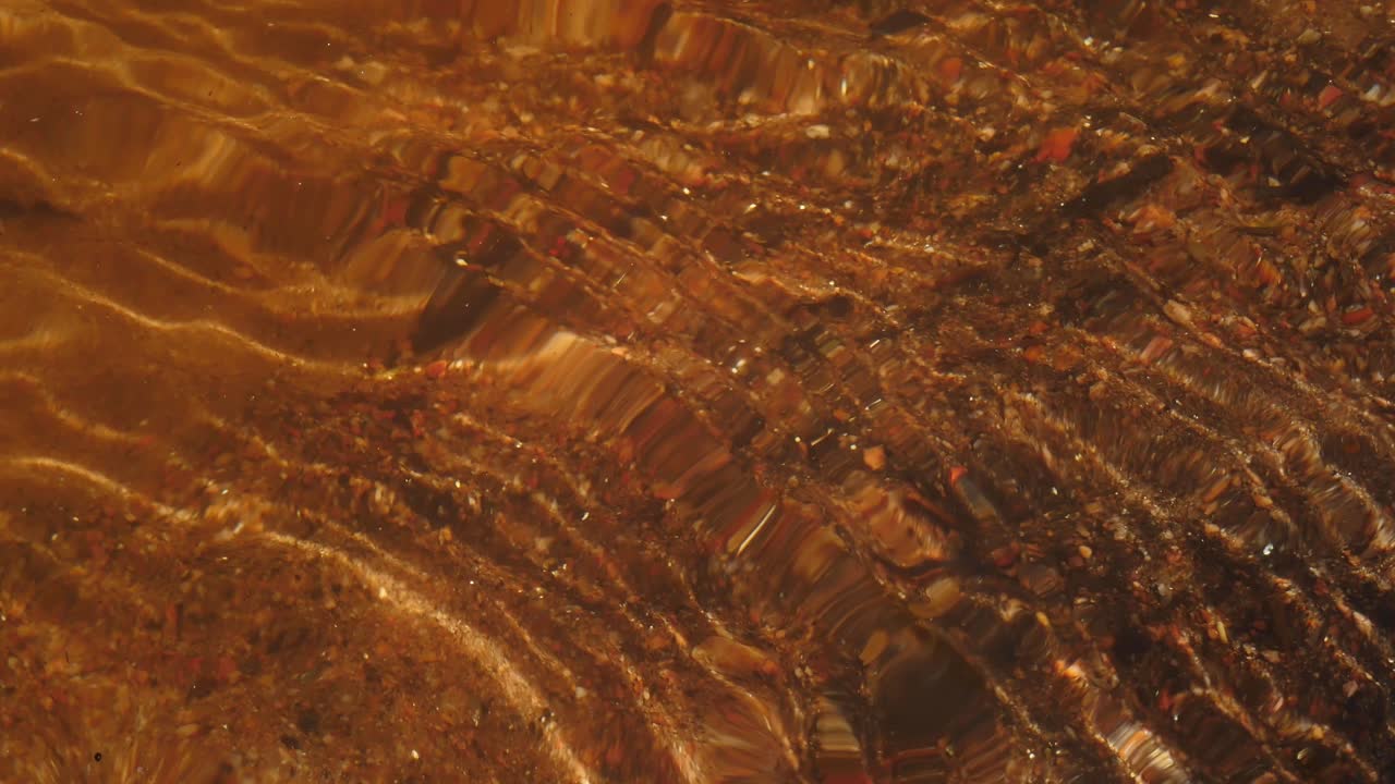 descubre granos de oro en el lecho arenoso del río, agarra la arena con la mano y la descarga en el arroyo