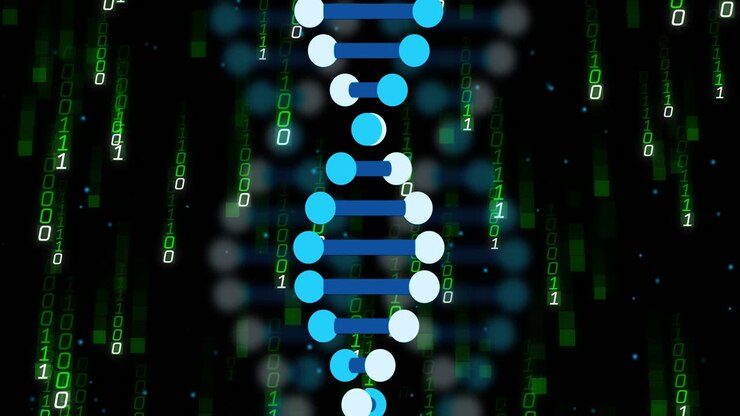 DNA strand and binary coding, scientific data processing animation