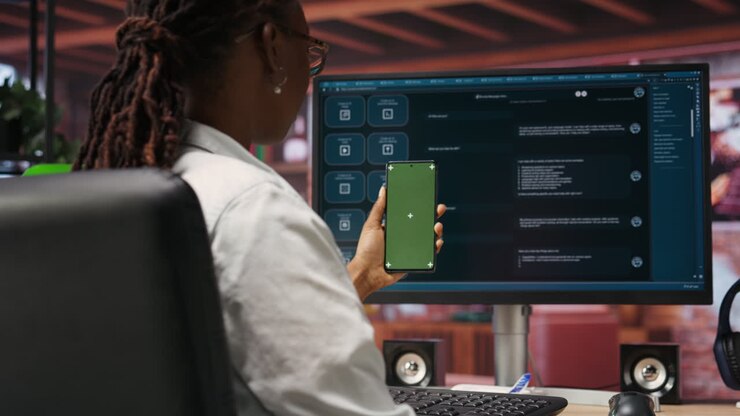 Woman uses mockup phone, doing videocall in front of PC screen with AI chatbot