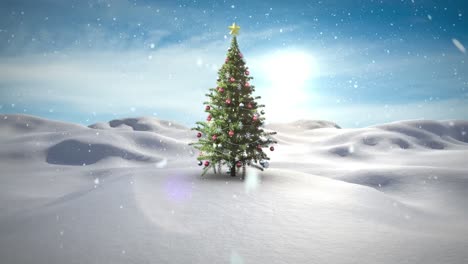 Animation-Des-Weihnachtsbaums-über-Fallendem-Schnee