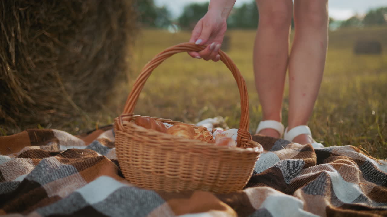 primer plano de una manta de picnic a cuadros extendida en un campo de hierba con una mujer en sandalias blancas bajando suavemente una canasta tejida llena de bocadillos, cálida atmósfera de campo con bala de heno