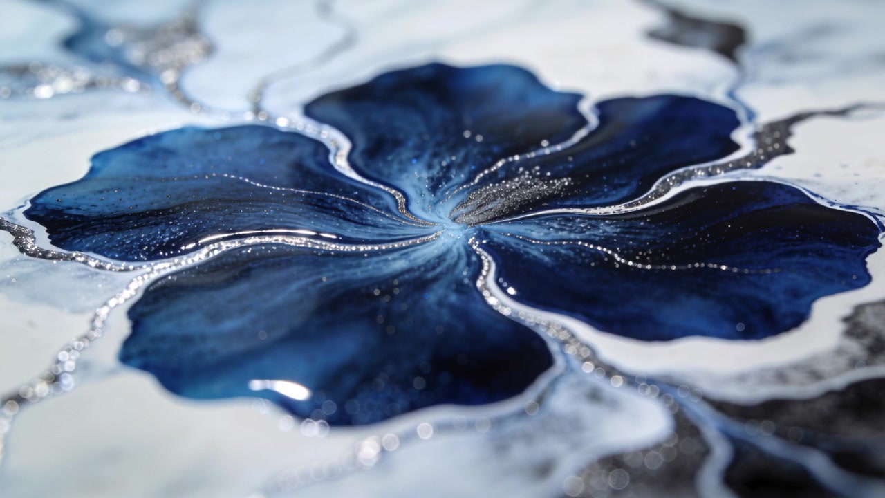 Versando pigmento blu navy si crea un vortice floreale lucido su un pannello marmorizzato, arricchito da canali argentati e glitter.