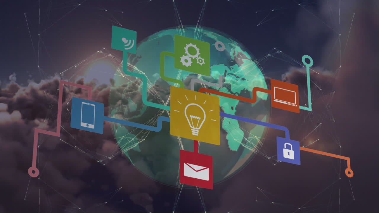 Animation of digital network icons connecting over Earth with cloud background