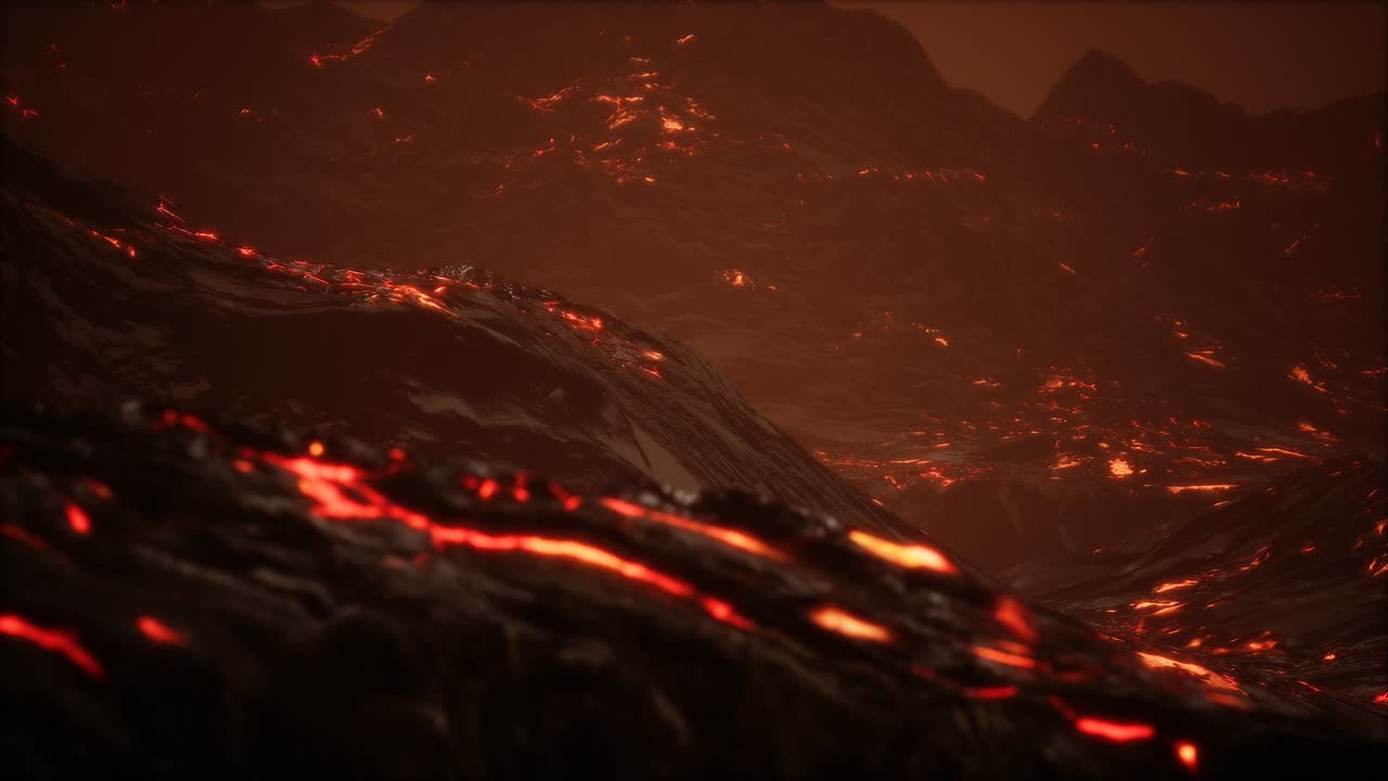 lava fundida roja y vibrante que fluye sobre un campo de lava gris y una tierra rocosa brillante