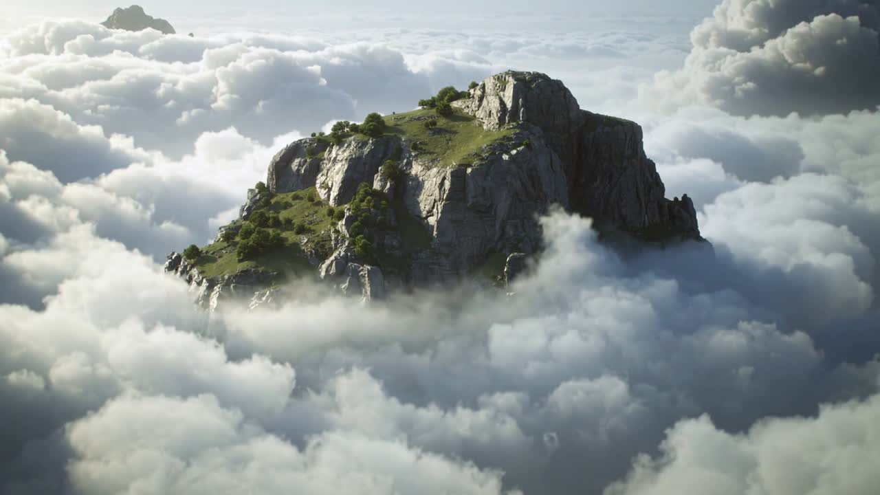 雲の層の上に緑の頂を持つ岩だらけの島を移動するカメラが捉え、通り過ぎるドローンと崖が映る