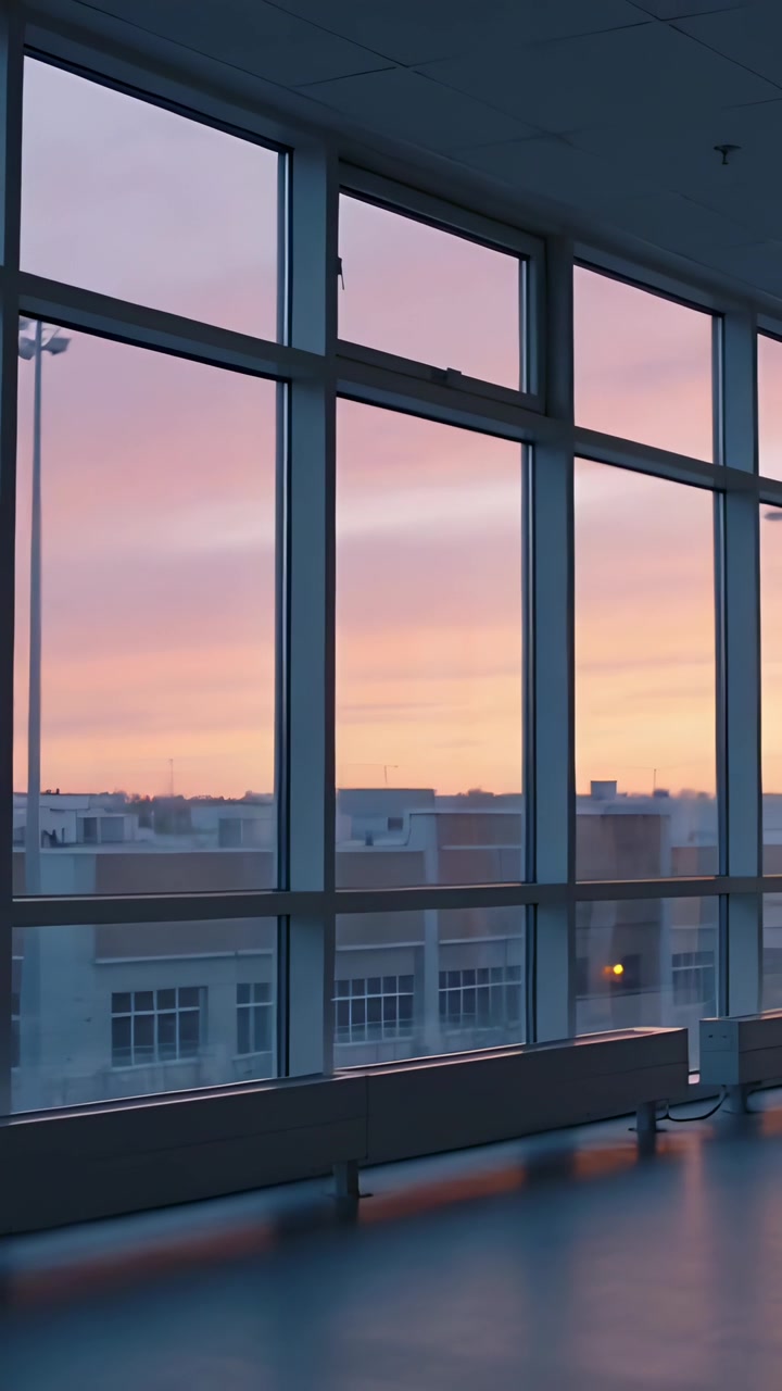 Video verticale: Registrazione di finestre a griglia mentre il tramonto si intensifica, la telecamera si sposta nella hall con una panca.