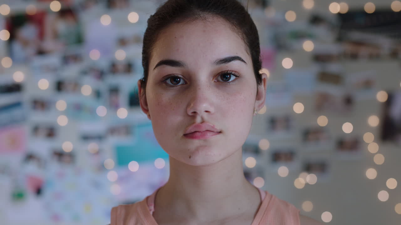 retrato de una hermosa adolescente sonriente, de aspecto feliz, segura de sí misma, adolescente en casa, concepto de autoimagen en 4k