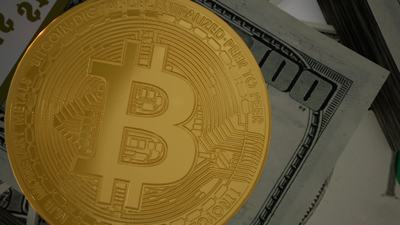 Bitcoin Btc Coin With 100 Dollars Bills. Digital Crypto Coin And Cryptocurrency. Concept Of Exchange Market And Online Trading