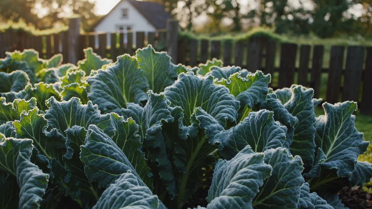 Lush garden with leafy greens in morning light, captured from a low angle