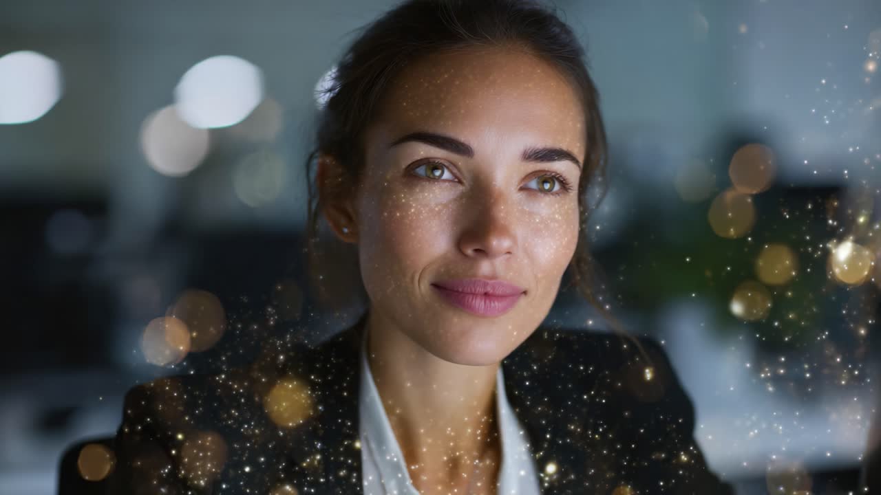 Una riflessiva donna d'affari medita sul suo successo in un ambiente d'ufficio luminoso e stimolante, circondata da soffici luci bokeh, che mette in mostra la sua determinazione e il suo ottimismo