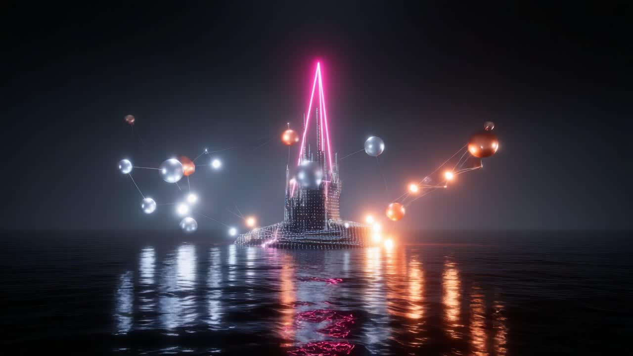 A Stunning Visual Composition Featuring a Vibrant Neon Structure Rising Above Tranquil Waters, Illuminated by Bright Spheres and Dynamic Light Connections Against a Dark Background