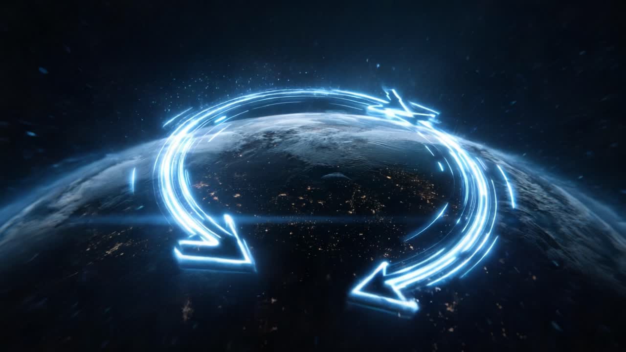 Abstract futuristic animation of a luminous blue recycle sign circling a detailed planet Earth as seen from space, symbolizing global ecology, sustainability, and environmental protection