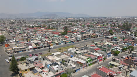 aerial birds eye view ecatepec neighborhood panorama with residential houses and cars driving on roads