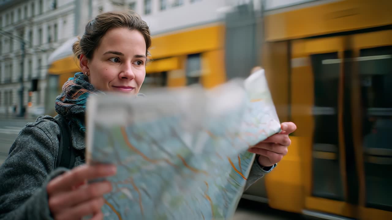 En selvsikker ung kvindelig rejsende studerer et bykort, mens hun står ved en kørende gul sporvogn på en moderne bygade, hvilket symboliserer navigation, offentlig transport og uafhængig byudforskning.