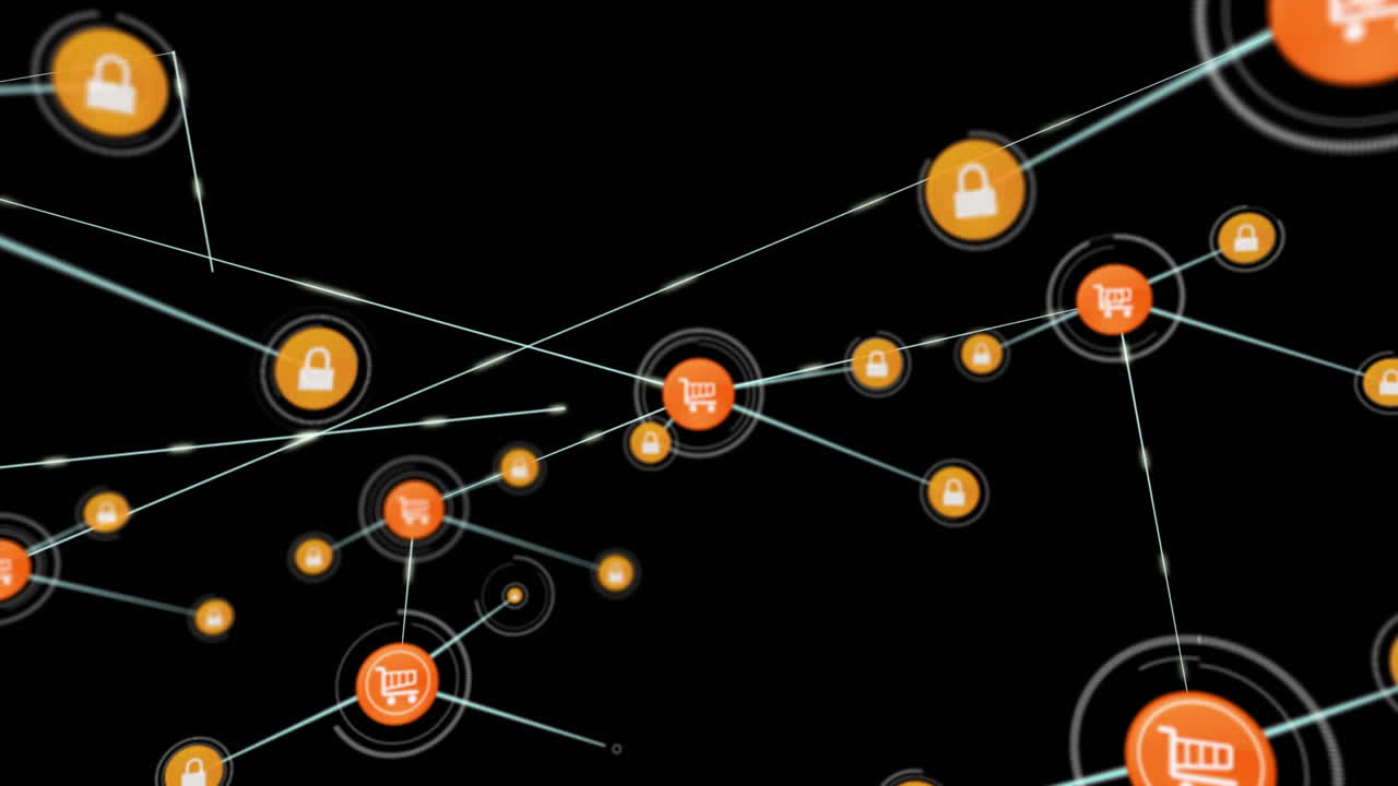 Animazione di rete di connessioni con icone su sfondo nero