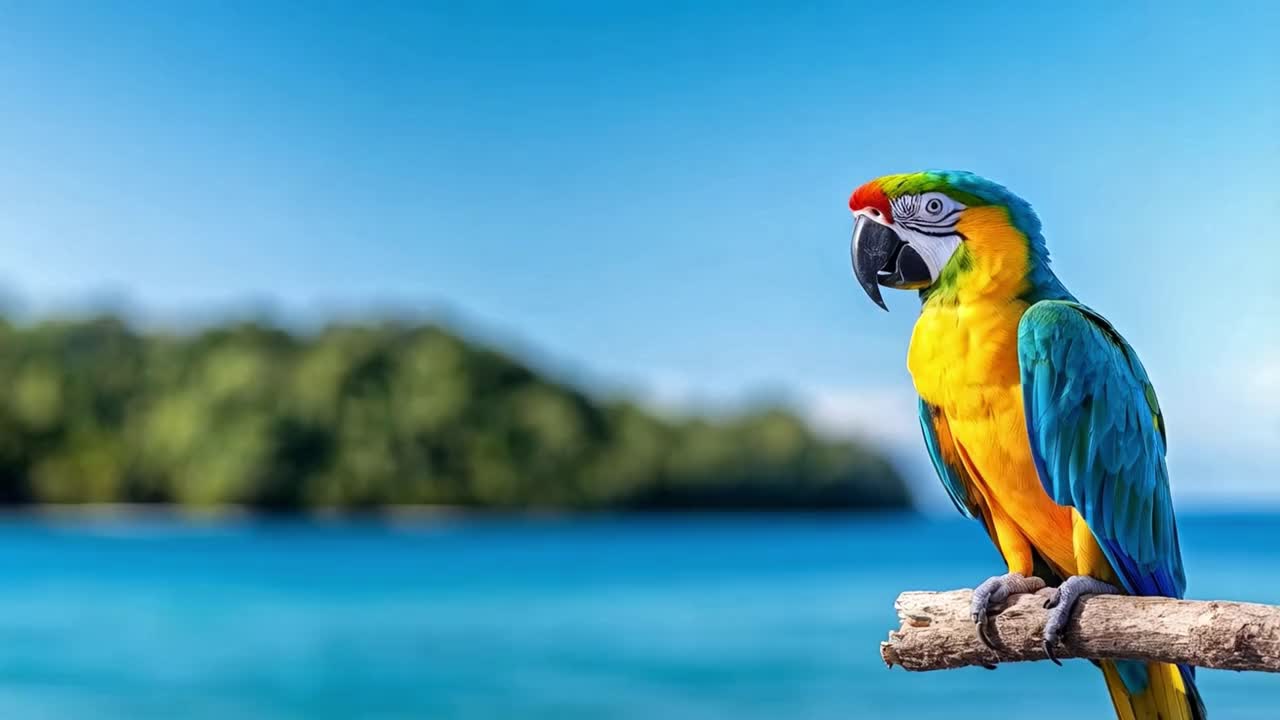 Colorful Macaw Parrot Perched by the Tropical Ocean