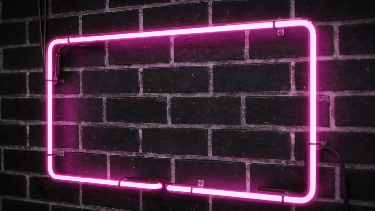 Pulsing pink neon tube showing LED sparks causing cross on painted brick wall with brackets, cable