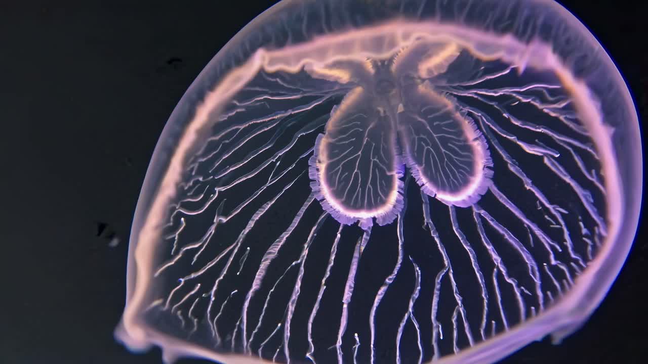 Video ravvicinato di una medusa luminosa su uno sfondo scuro, ripreso da un'angolazione laterale.