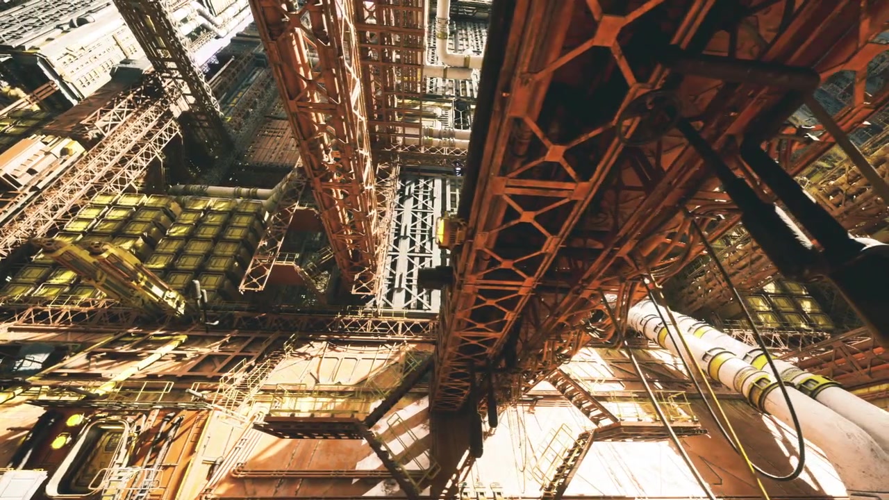 Complex industrial scene with intricate lattice and deep shadows