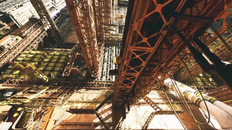 Complex industrial scene with intricate lattice and deep shadows