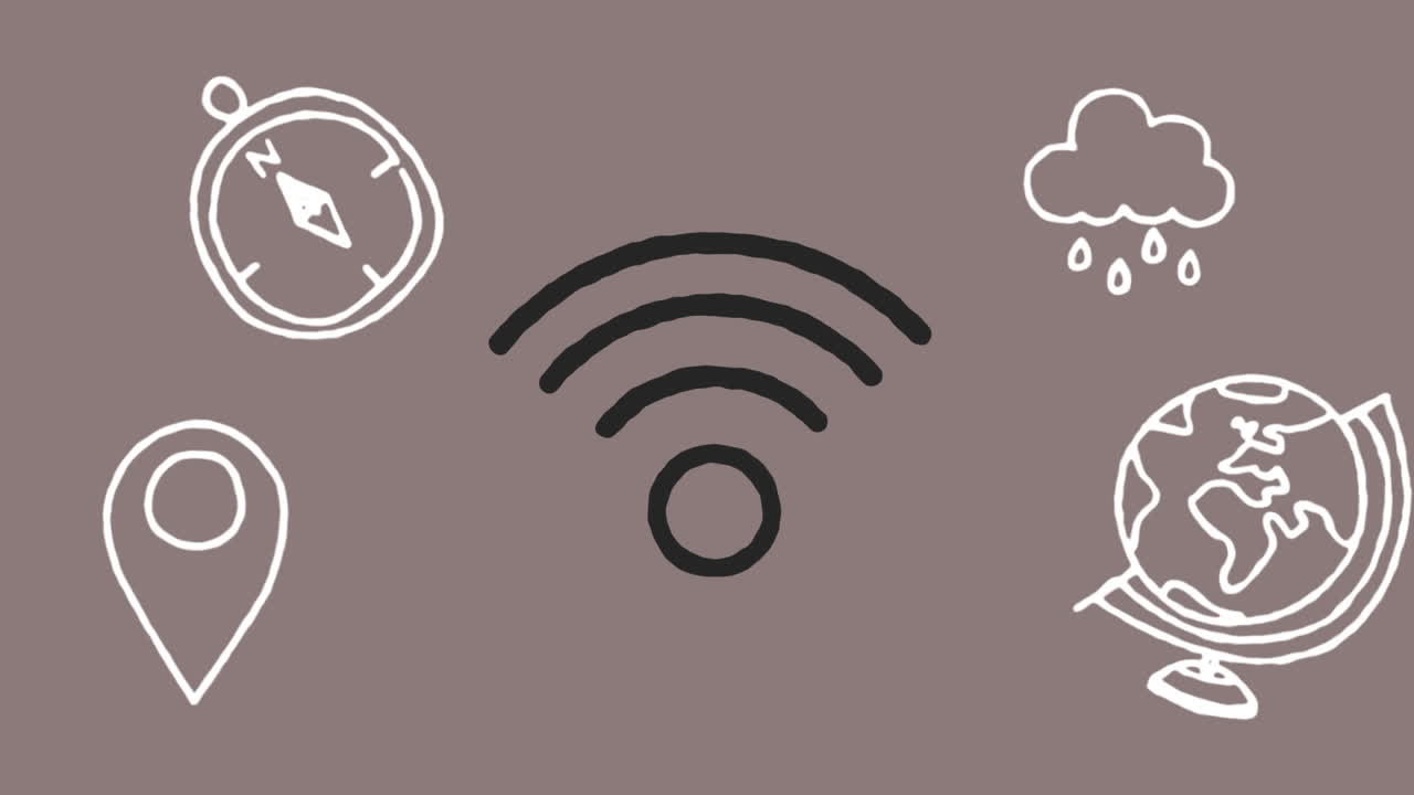 animación de iconos digitales flotando sobre un fondo beige