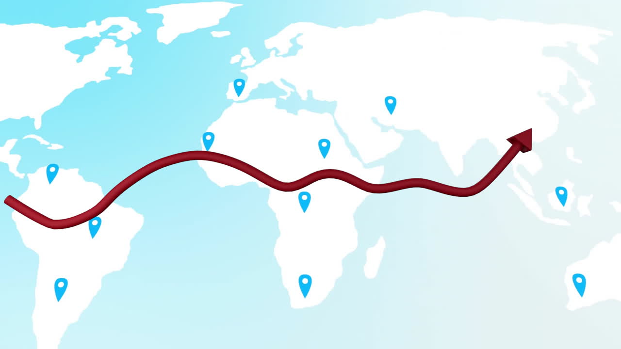 Animation of rising red arrow over world map with location markers on continents