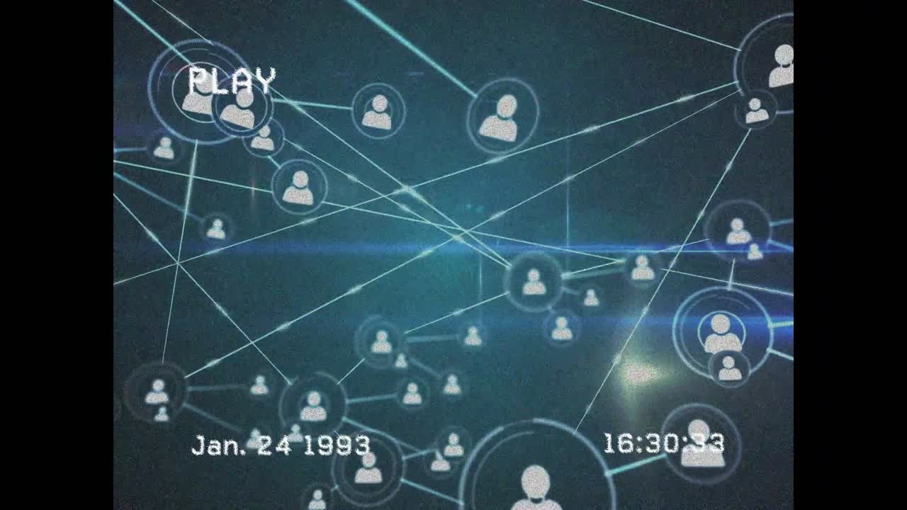 PLAY label starting central node sending links nodes appearing camera pulling back showing network