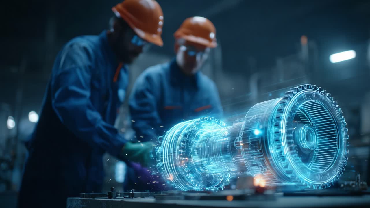 Engineers in Safety Gear Analyzing a Digital Turbine Model in an Industrial Setting: A Blend of Technology and Engineering Precision