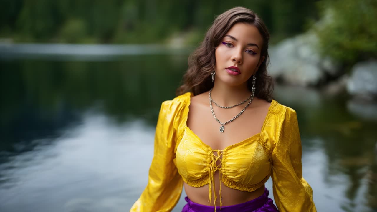 A serene moment captured by the water, featuring a beautiful model in a vibrant yellow blouse and elegant jewelry, surrounded by nature's tranquility