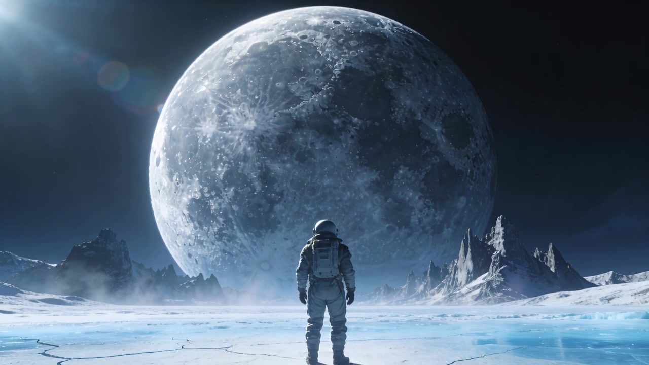 En astronaut i rumdragt træder frem, reagerer på et lysglimt og bevæger sig mod månen på en frossen slette, med hjelm og rygsæk.