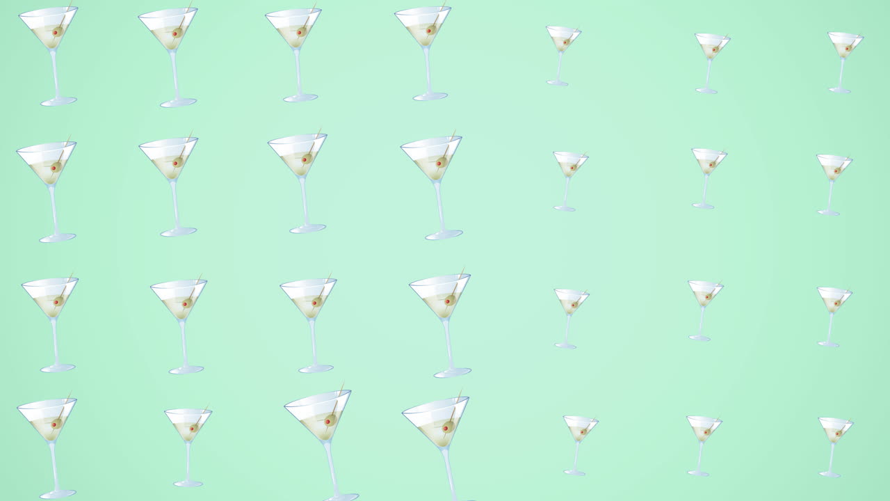 파란색 배경 위에 여러 음료의 애니메이션