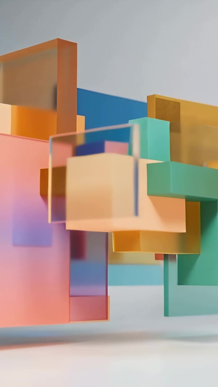 Vertical video: Starting animation glass panes sliding, rotating in studio forming stable cluster