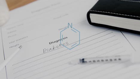 diagrama de estructura de elementos sobre la jeringa y texto de diagnóstico de diabetes en el formulario