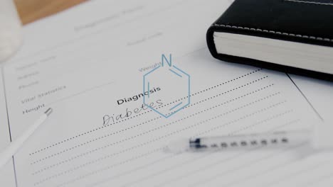 element structure diagram over syringe and diabetes diagnosis text on form