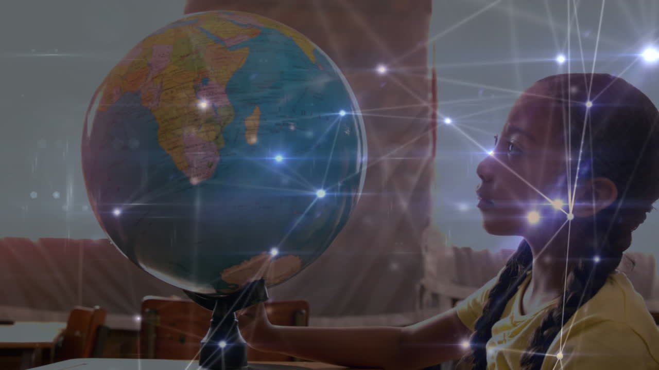 animación de una chica mirando el globo sobre una red hecha de puntos en el fondo.