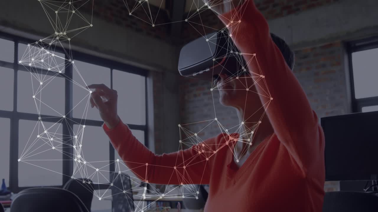 Animation of network of connections over woman using vr headset