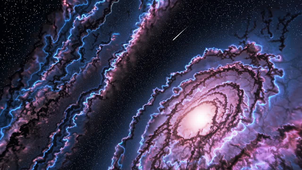 A cosmic video scene with vibrant nebulae and stars, captured from a dynamic, tilted angle