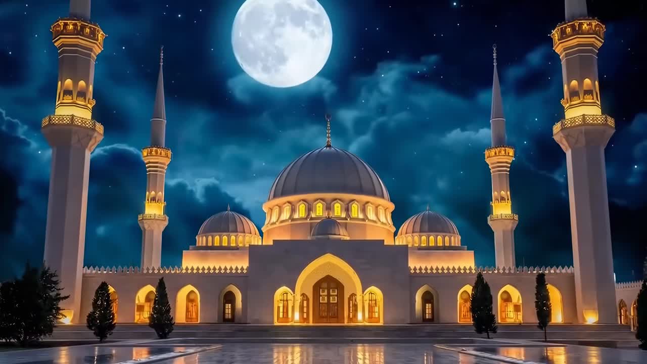 पूर्णिमा के चाँद के नीचे एक राजसी मस्जिद, आँखों के स्तर पर कैद, एक शांत वीडियो के लिए बिल्कुल सही